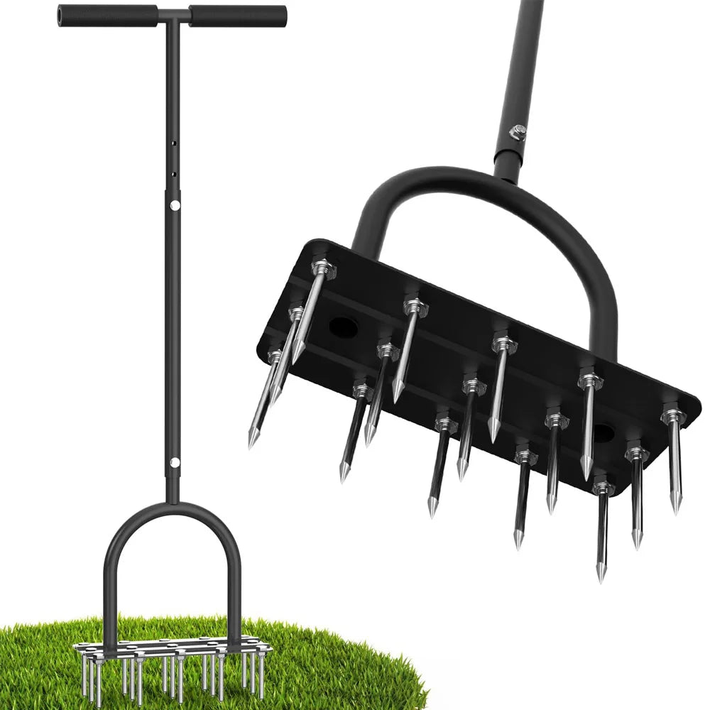 Manual Lawn Aerator Tool with 15 Iron Spikes – Heavy-Duty Foot-Operated Aerator with Self-Clearing Design