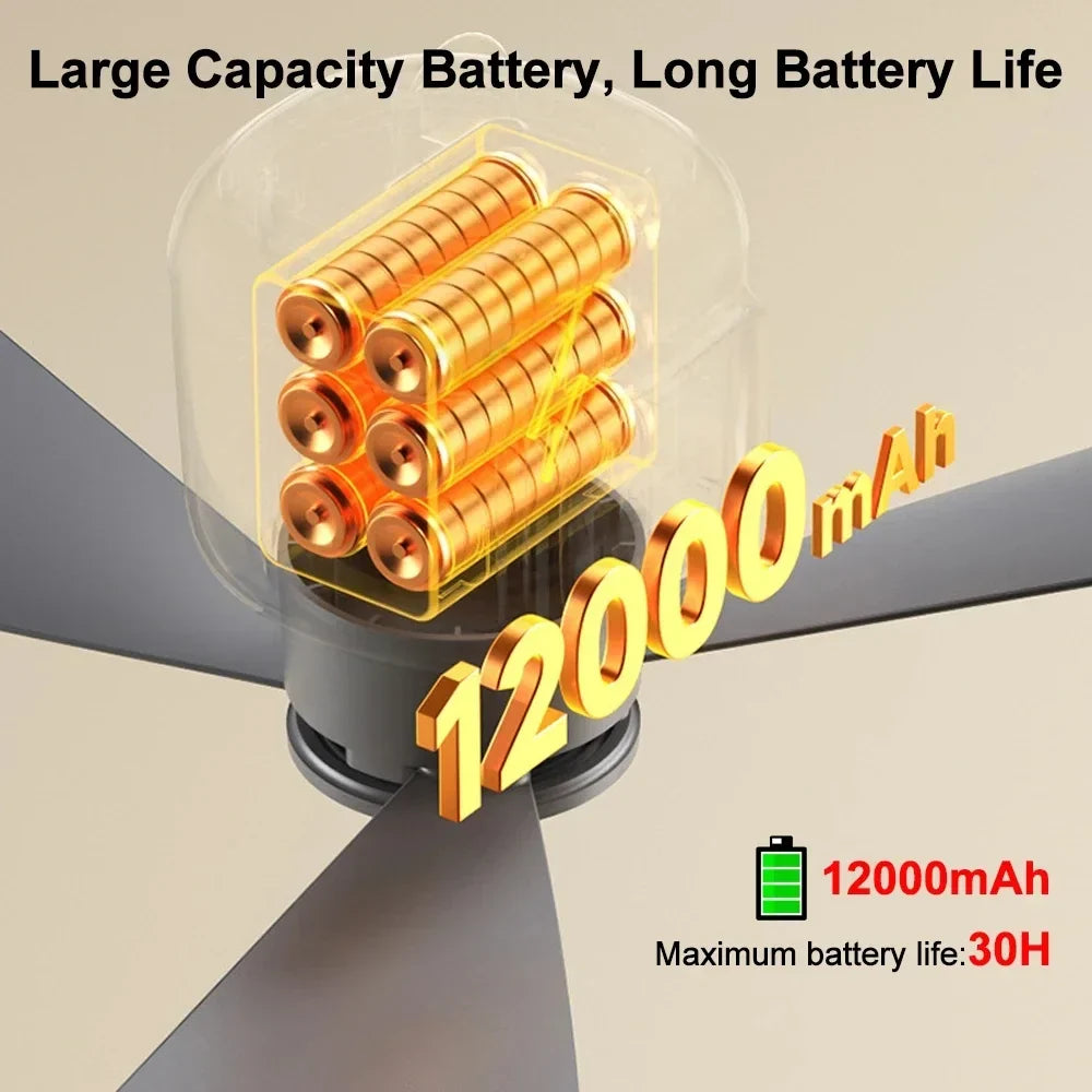 12000mAh Portable Ceiling Fan with Remote Control and Timer