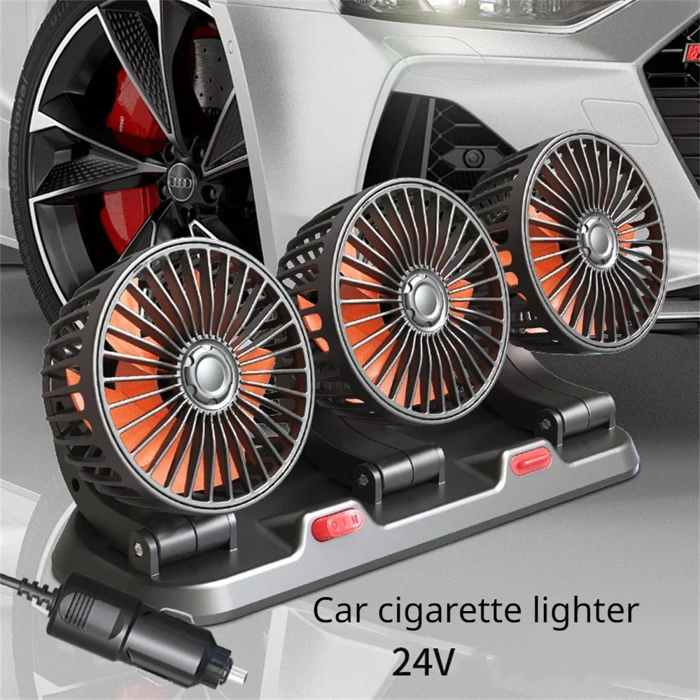 360° Adjustable Car Fan - 3-Head Automotive Electric Fan - USB/12V/24V - 2 Speeds - Silent Cooling for Home, Desk, Office & Car | zavevo