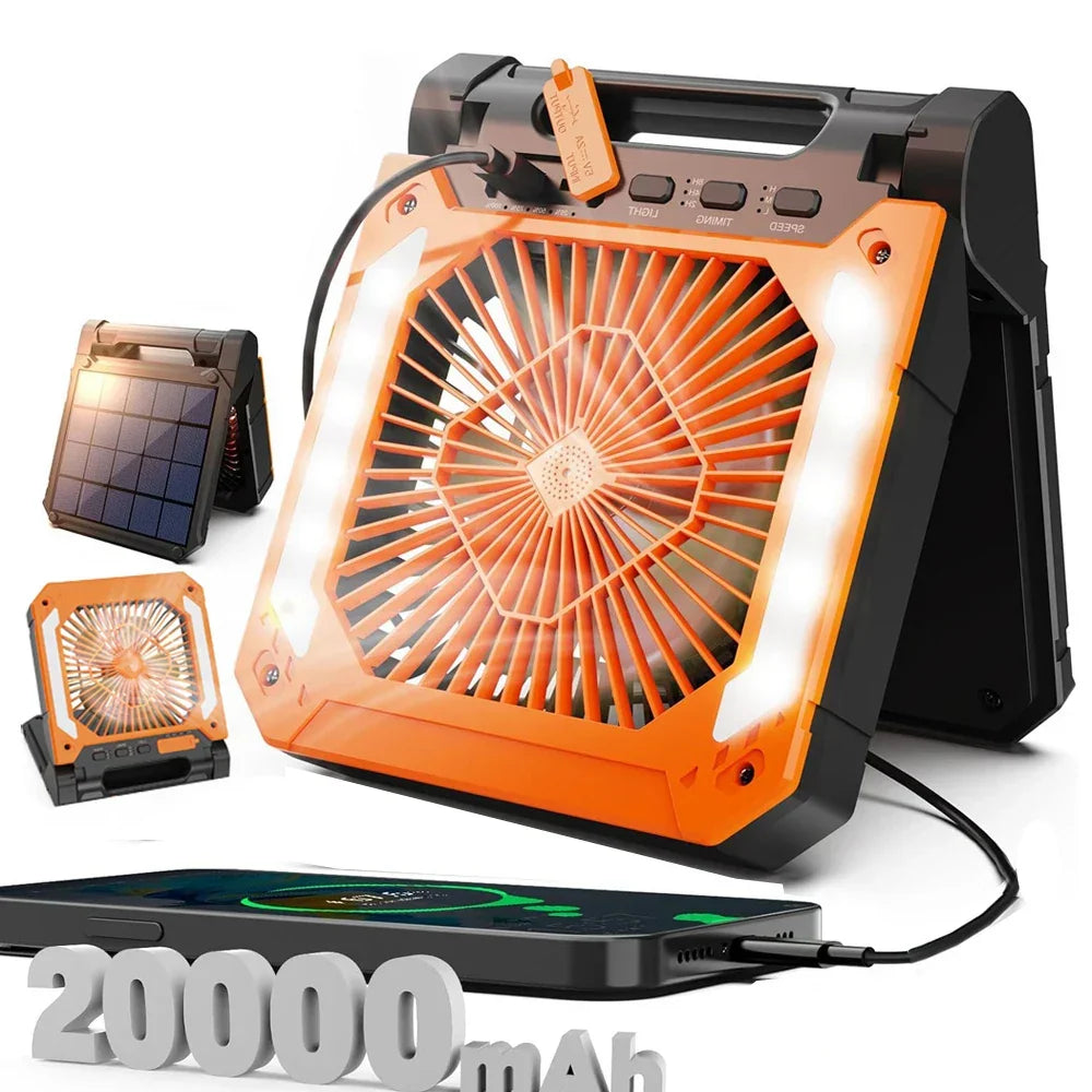 20000mAh Portable Electric Fan with LED Light — USB, Solar & Car Charging for Camping | zavevo