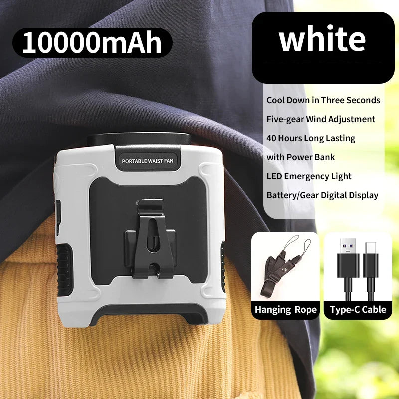 Portable Waist Fan 20000mAh – 3-in-1 Cooling Fan, Power Bank & Flashlight, LED Display, Turbo Airflow, Type-C Rechargeable