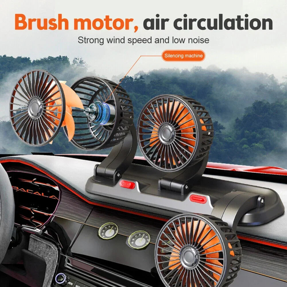 360° Adjustable Car Fan - 3-Head Automotive Electric Fan - USB/12V/24V - 2 Speeds - Silent Cooling for Home, Desk, Office & Car | zavevo