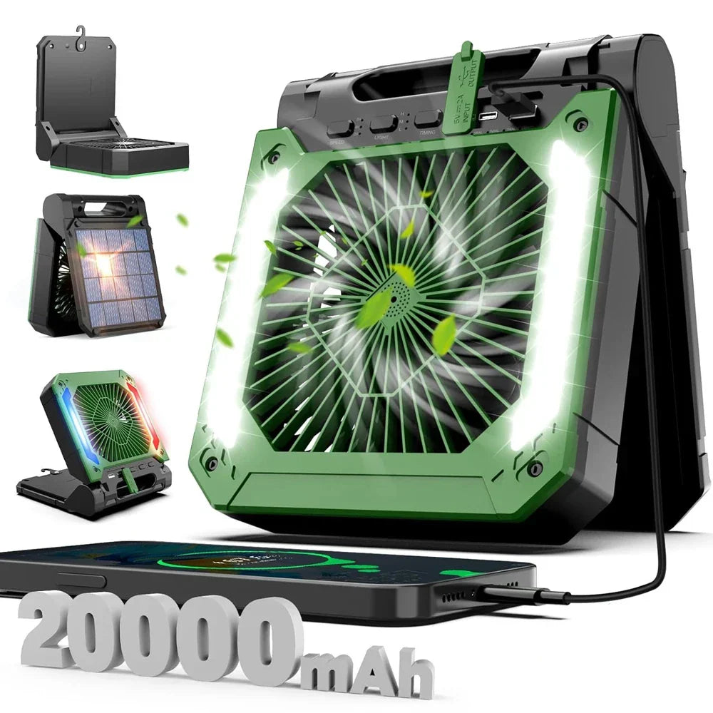 20000mAh Portable Electric Fan with LED Light — USB, Solar & Car Charging for Camping | zavevo