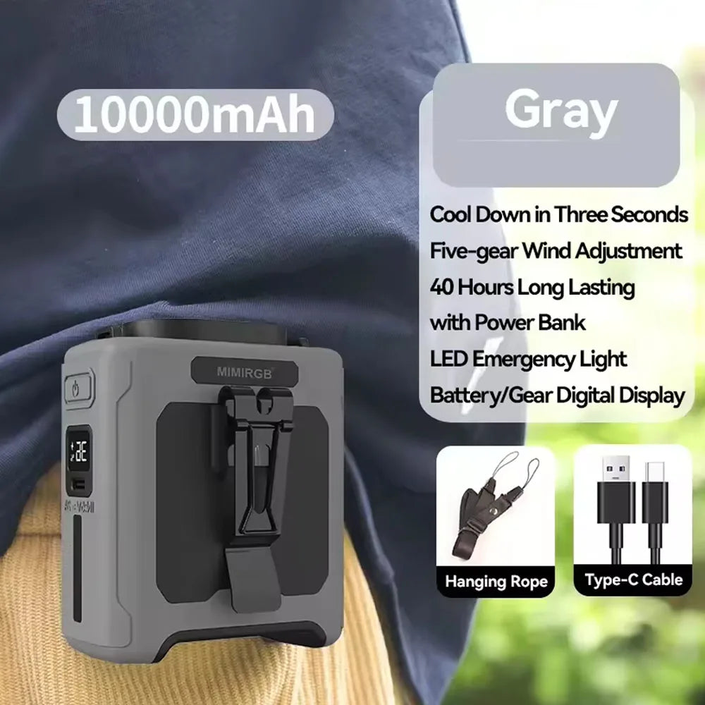 10000mAh Waist Clip Fan with Power Bank – Portable Hands-Free Rechargeable Fan | 5-Speed Cooling, Battery Display, USB Charging, Outdoor Wearable Fan | zavevo