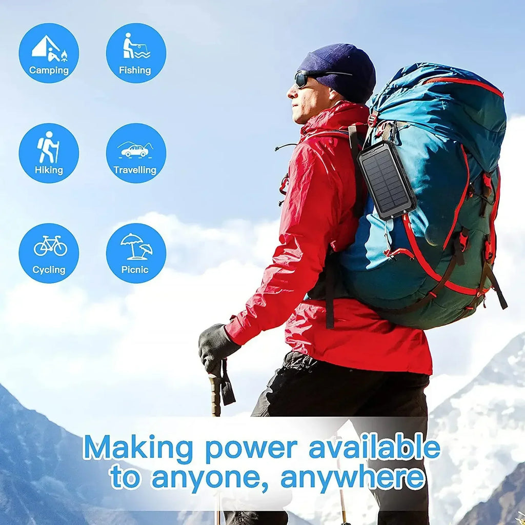 Latest 20000mAh Solar Power Bank Portable Large Capacity Charger Compatible with IOS Android USB output Fast Charging ourdoor