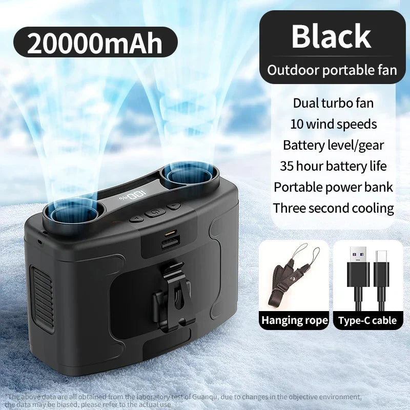 Portable Waist Fan 20000mAh – 3-in-1 Cooling Fan, Power Bank & Flashlight, LED Display, Turbo Airflow, Type-C Rechargeable