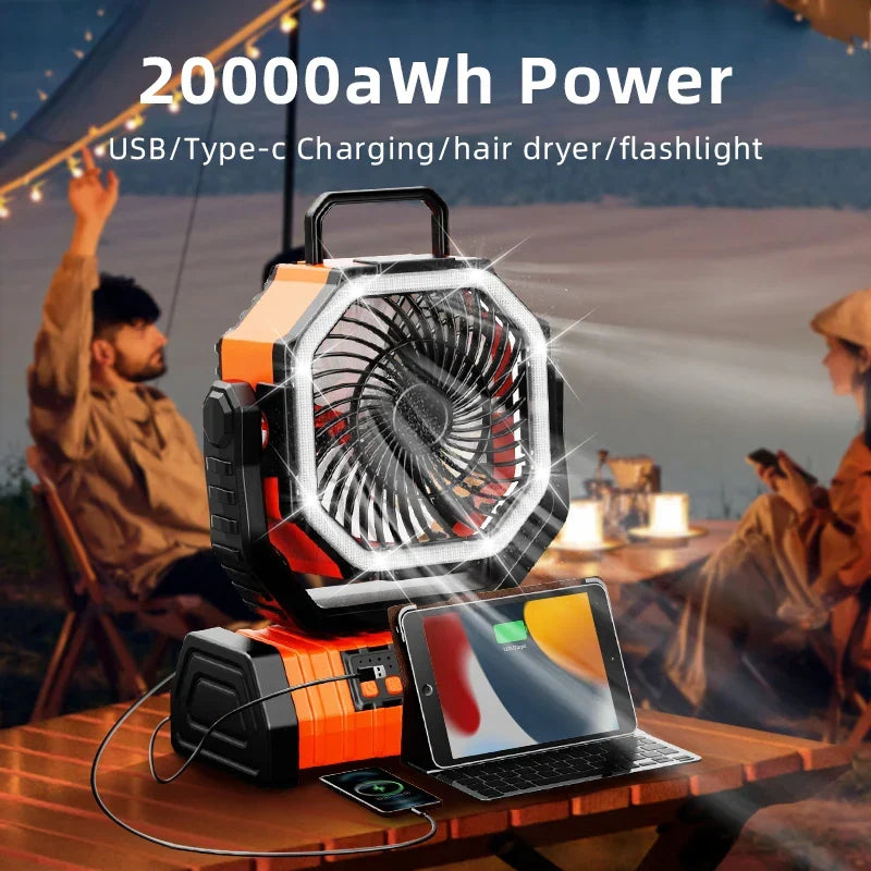 20000mAh Portable Rechargeable Fan — Battery-Operated Desk & Camping Fan with LED Light & Hook for Tent, Car, and Outdoor Trips | zavevo