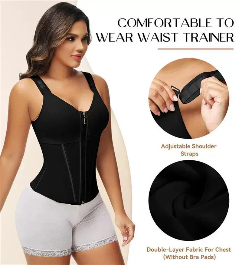 Women's Shapewear Vest with Built-In Underwire Bra – 17 Steel Bones, Zipper and Adjustable Straps