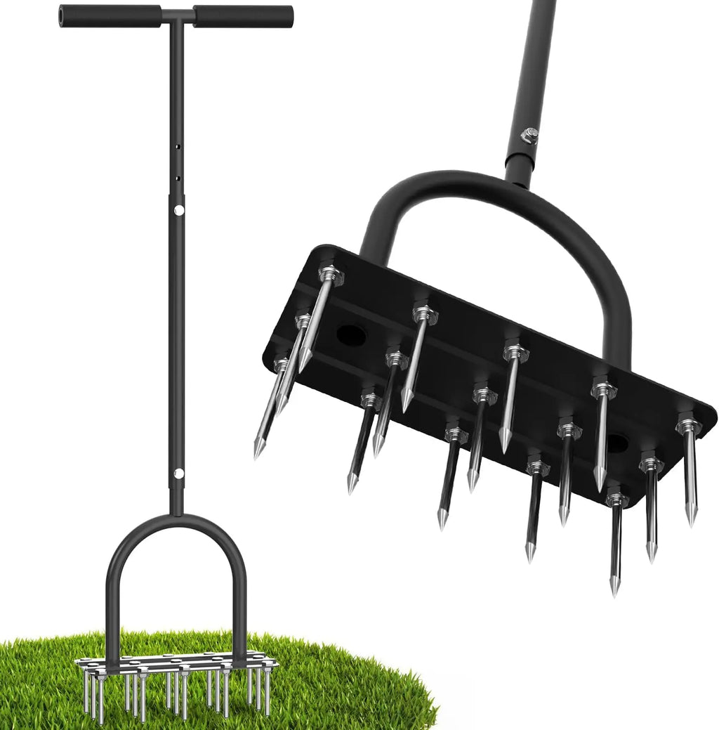 Manual Lawn Aerator Tool with 15 Iron Spikes – Heavy-Duty Foot-Operated Aerator with Self-Clearing Design