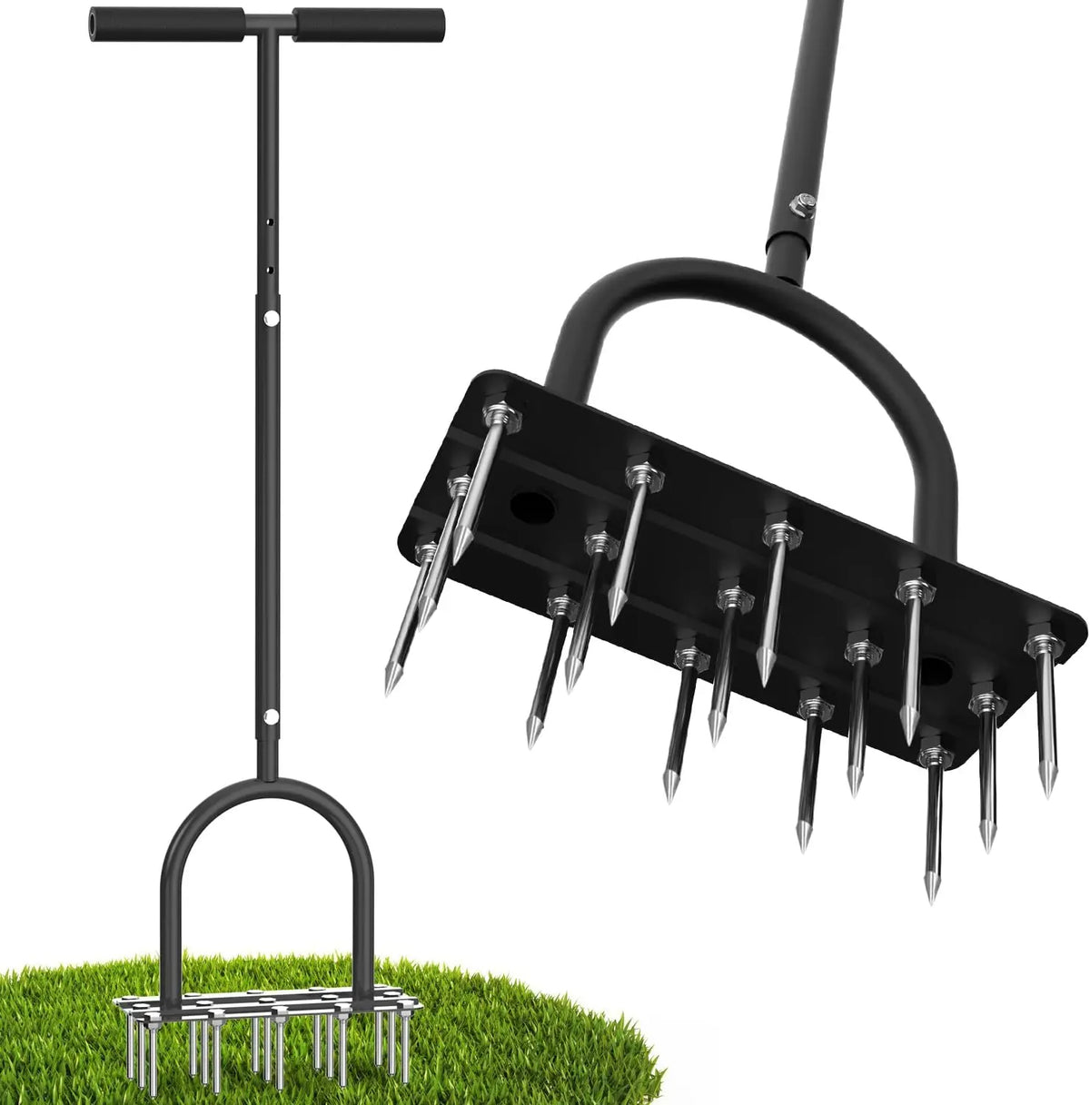Manual Lawn Aerator Tool with 15 Iron Spikes – Heavy-Duty Foot-Operated Aerator with Self-Clearing Design