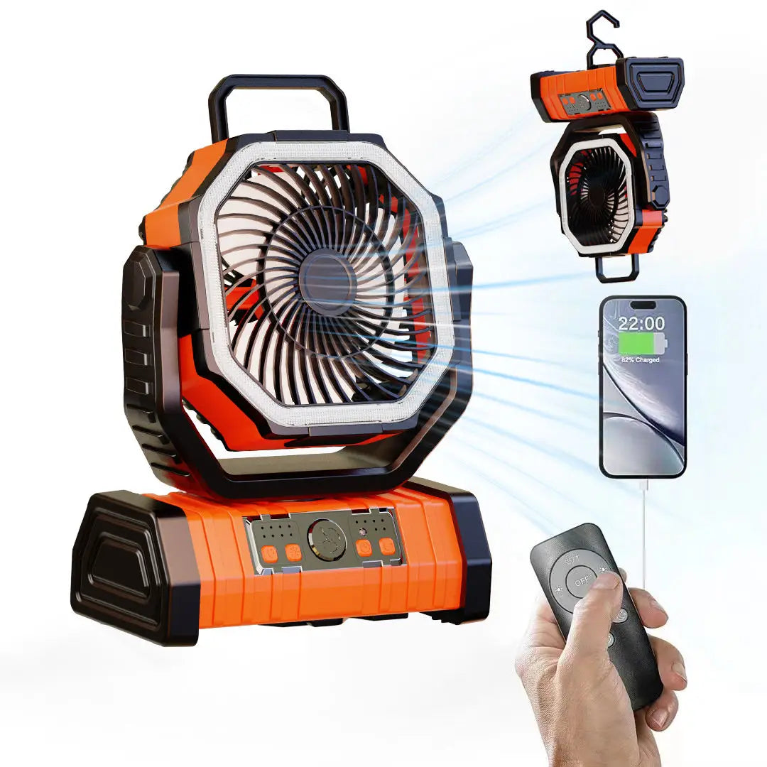 20000mAh Portable Rechargeable Fan — Battery-Operated Desk & Camping Fan with LED Light & Hook for Tent, Car, and Outdoor Trips | zavevo
