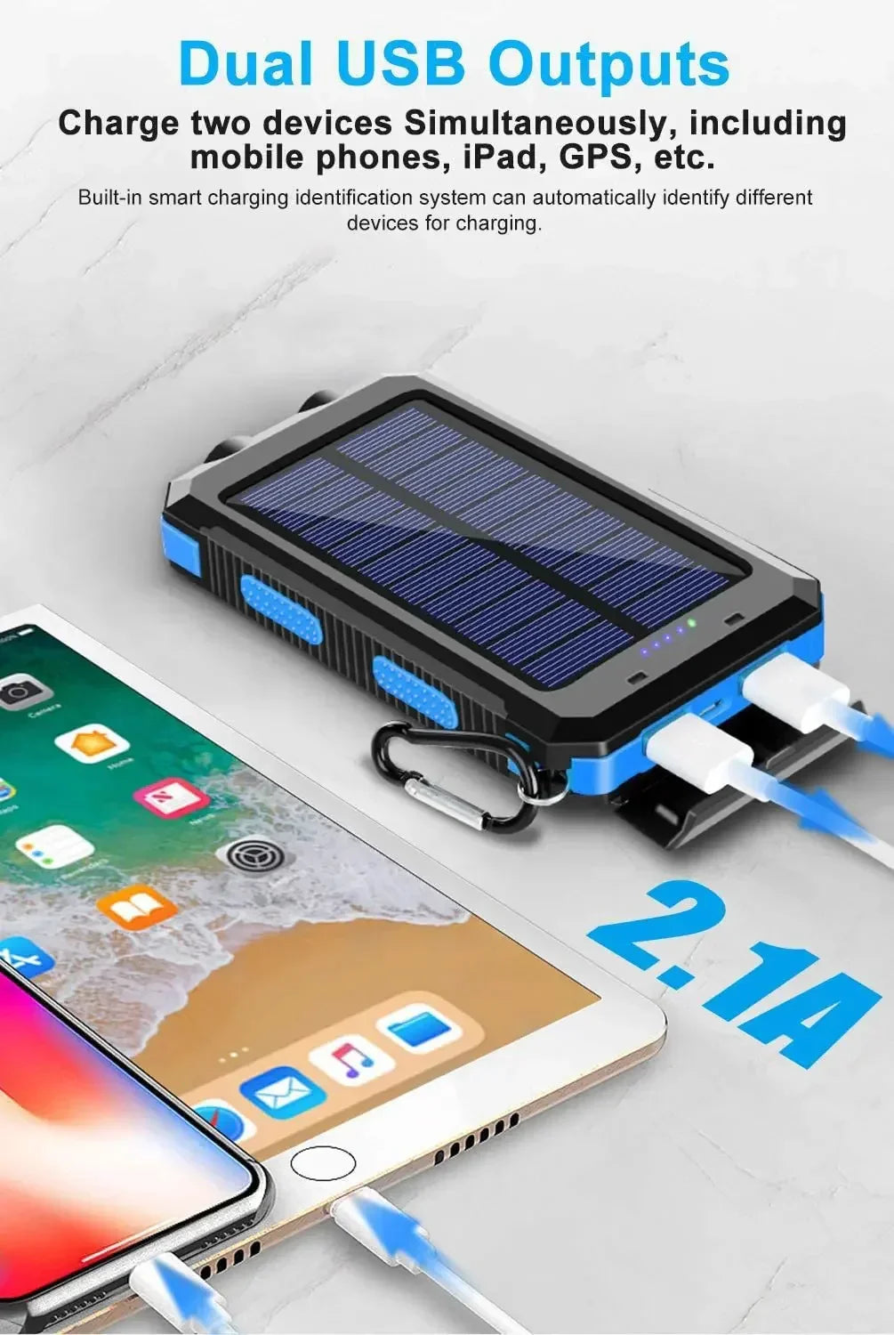 Latest 20000mAh Solar Power Bank Portable Large Capacity Charger Compatible with IOS Android USB output Fast Charging ourdoor
