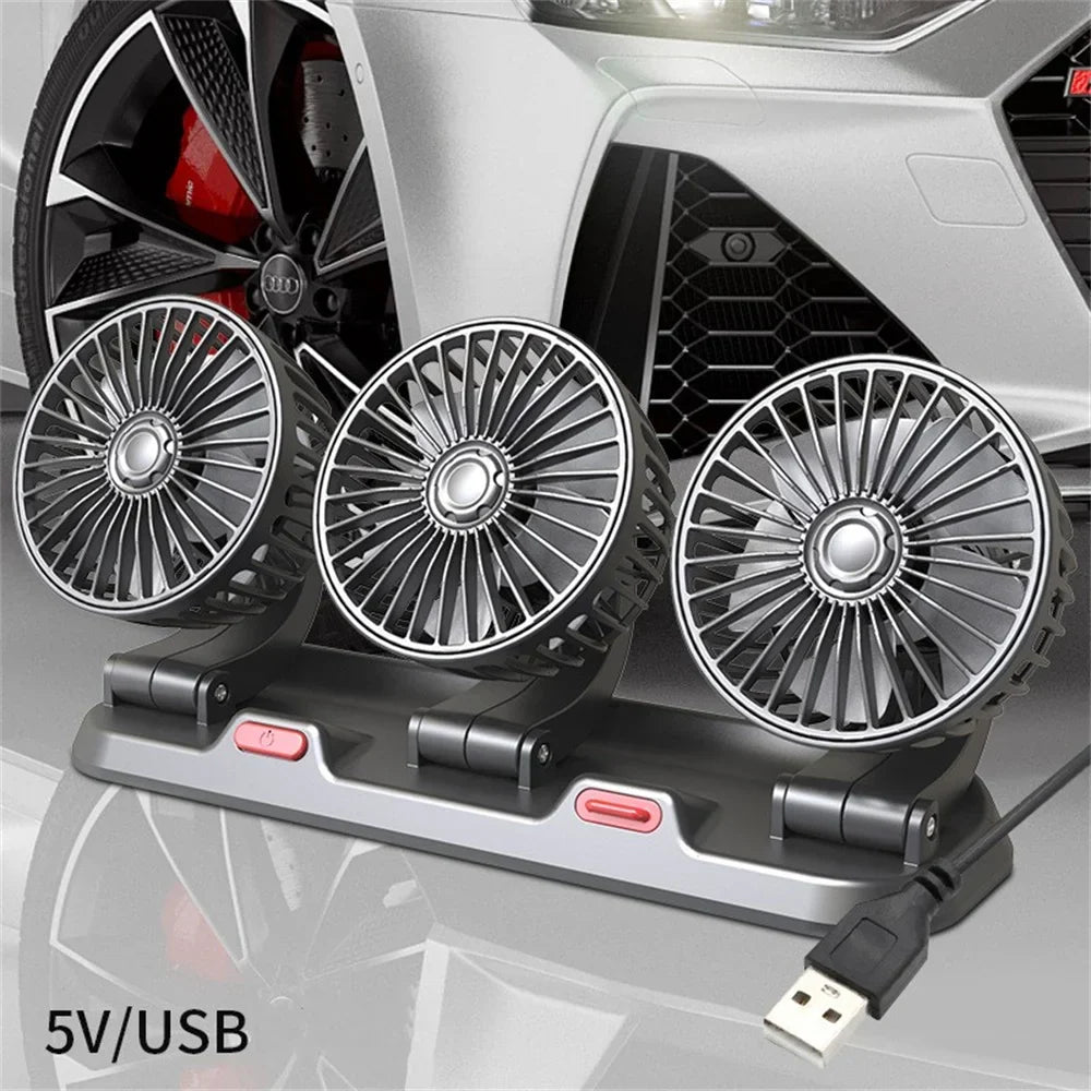 360° Adjustable Car Fan - 3-Head Automotive Electric Fan - USB/12V/24V - 2 Speeds - Silent Cooling for Home, Desk, Office & Car | zavevo