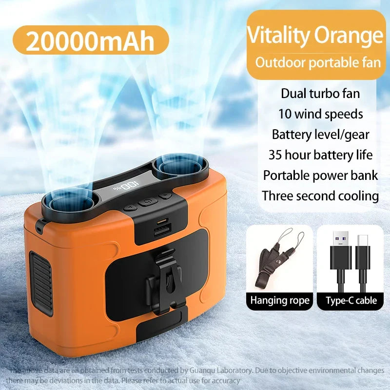 20000mAh Portable Waist Fan – Hanging Neck Fan with Power Bank, Strong Wind, LED Lighting for Sports, Courier, Outdoor Work | zavevo