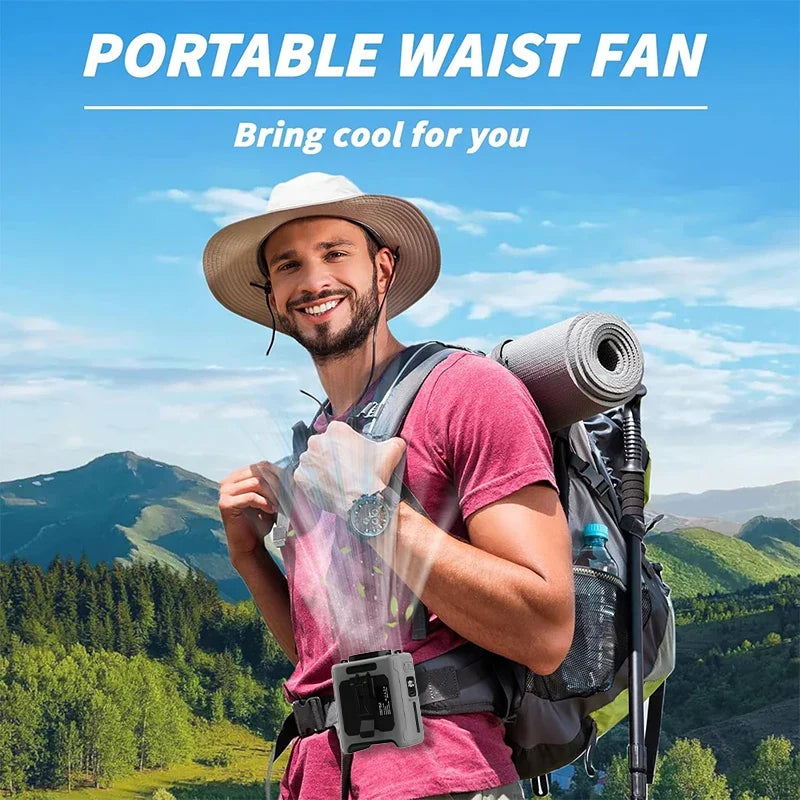 10000mAh Waist Clip Fan with Power Bank – Portable Hands-Free Rechargeable Fan | 5-Speed Cooling, Battery Display, USB Charging, Outdoor Wearable Fan | zavevo