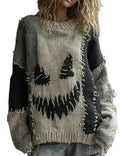 Halloween Spooky Face Hoodie – Printed Patchwork Sweatshirt with Pumpkin & Ghost Design, Warm Loose Fit Pullover for Autumn Parties