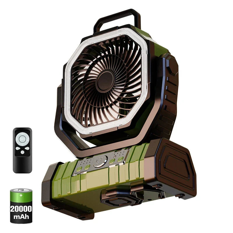 20000mAh Portable Rechargeable Fan — Battery-Operated Desk & Camping Fan with LED Light & Hook for Tent, Car, and Outdoor Trips | zavevo