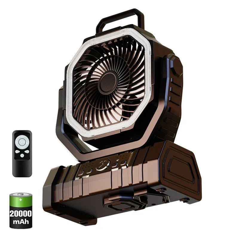 20000mAh Portable Rechargeable Fan — Battery-Operated Desk & Camping Fan with LED Light & Hook for Tent, Car, and Outdoor Trips | zavevo