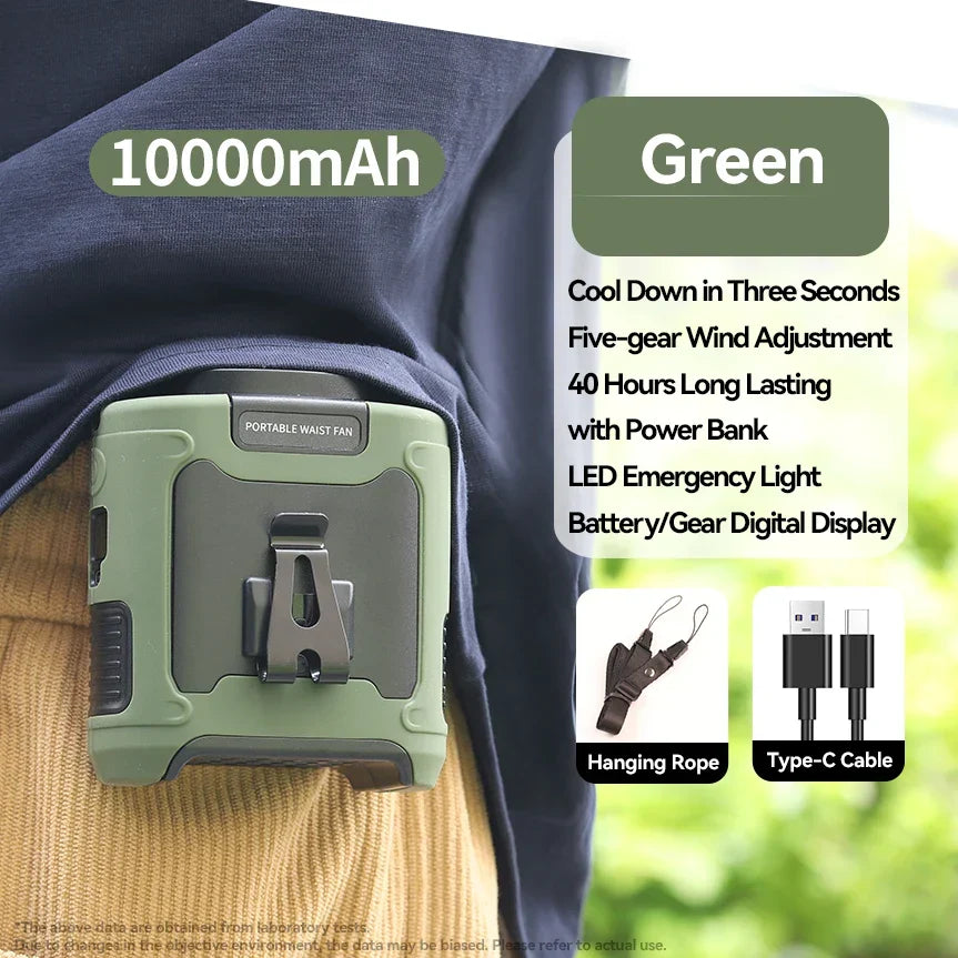 20000mAh Portable Waist Fan – Hanging Neck Fan with Power Bank, Strong Wind, LED Lighting for Sports, Courier, Outdoor Work | zavevo