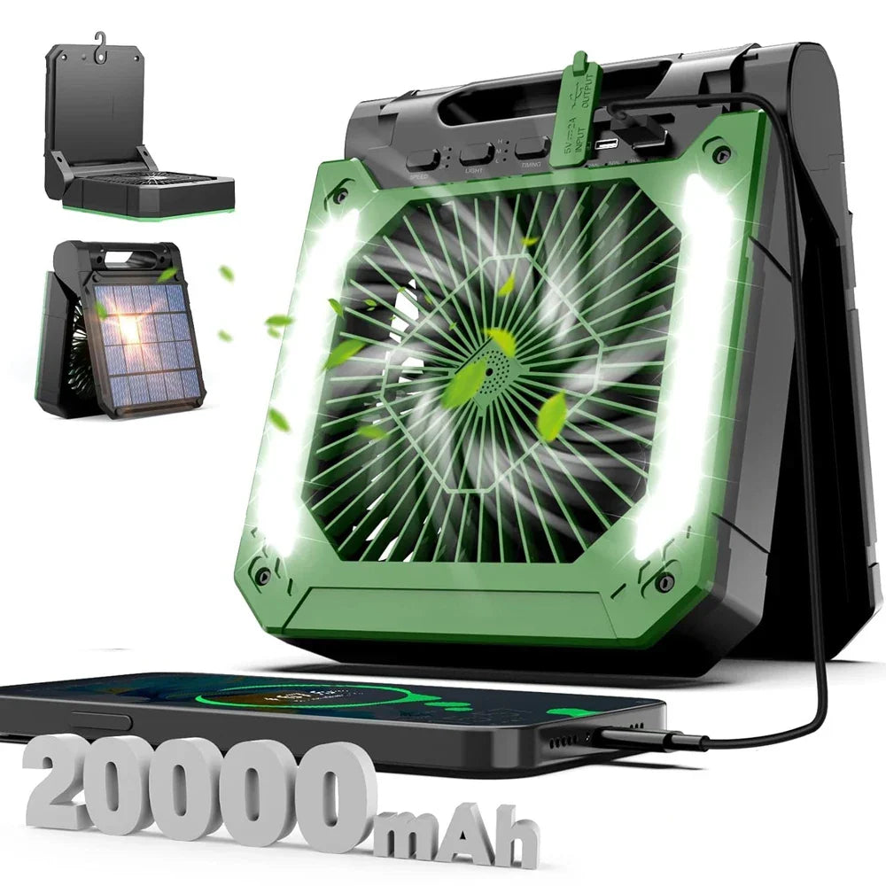 20000mAh Portable Electric Fan with LED Light — USB, Solar & Car Charging for Camping | zavevo