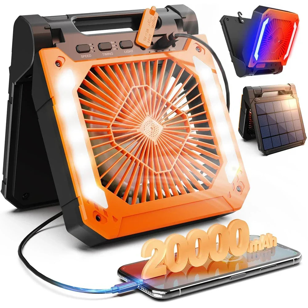 20000mAh Portable Electric Fan with LED Light — USB, Solar & Car Charging for Camping | zavevo