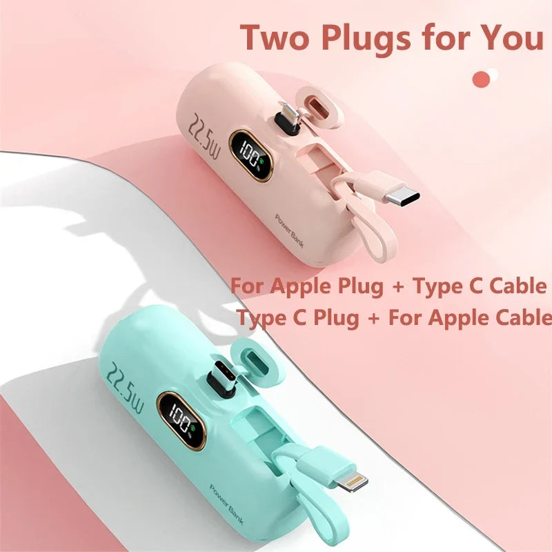 5000mAh Mini Power Bank with Built-In Connector – 22.5W Fast Charging, LED Display and Flashlight