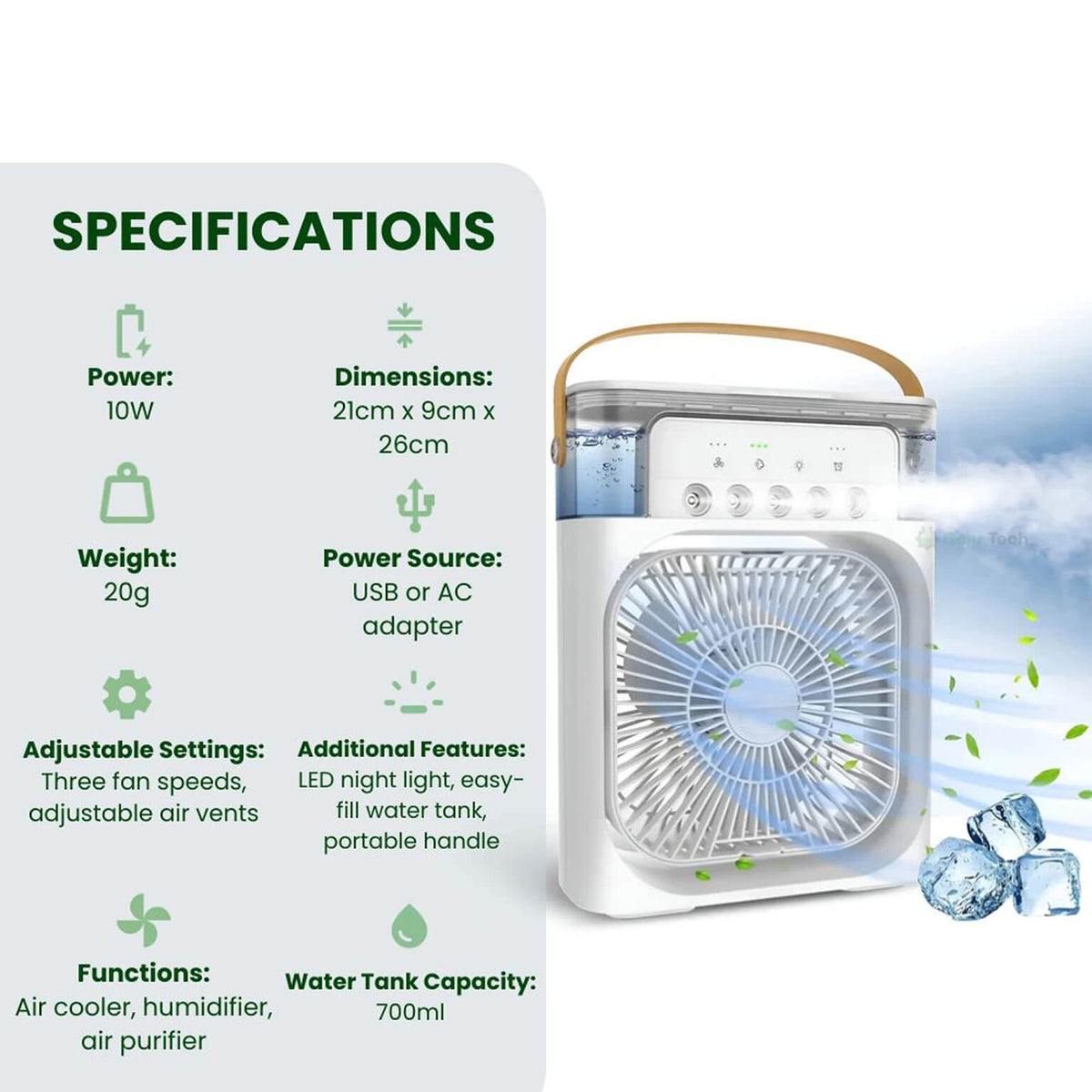 3-in-1 Air Cooler Humidifier | Portable, Adjustable Fan Speeds & Ideal for Bedrooms, Offices & Small Spaces | zavevo