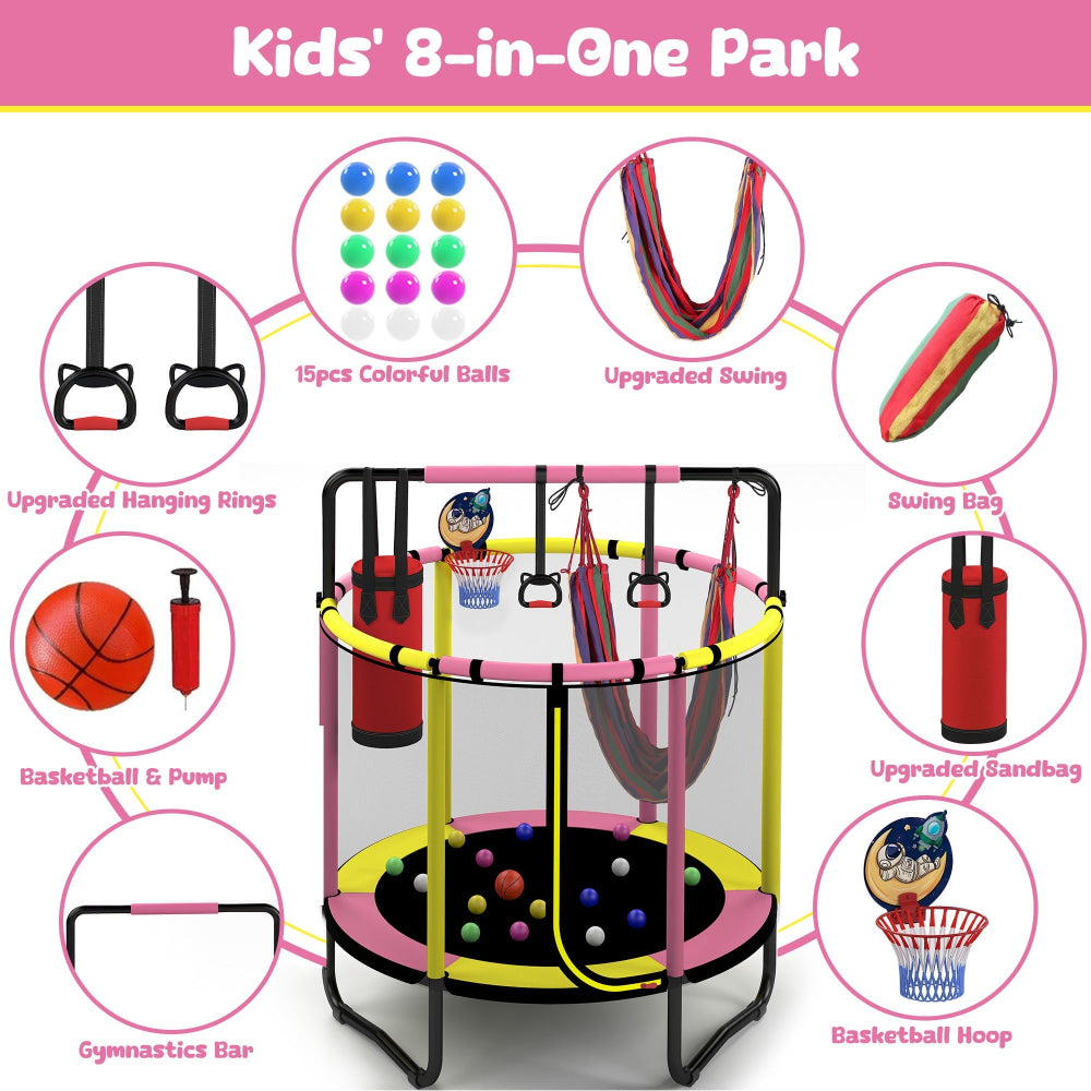 Round Trampoline Kids Play Set Basketball Hoop Swing