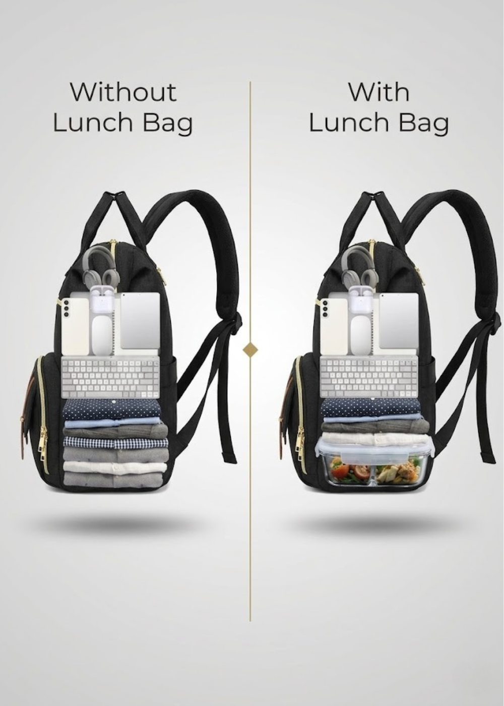 Black Lunch Backpack for Women – 2-in-1 with Detachable Insulated Lunch Box