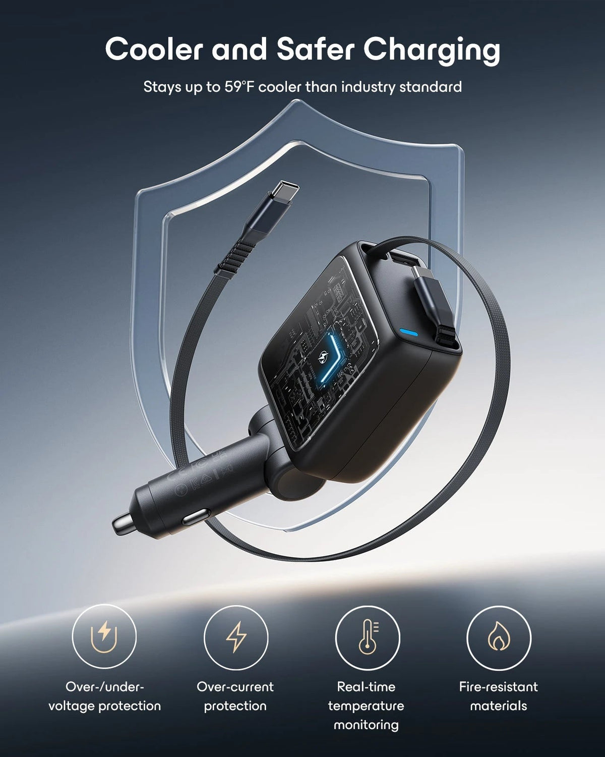 Xtend 100W Retractable Car Charger with Dual Cables - Black