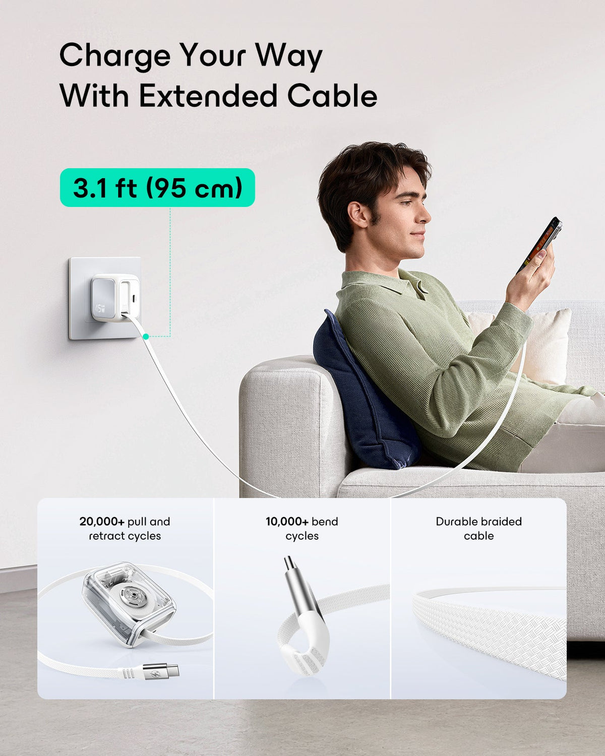 Xtend 45W Retractable Charger - US Plug - White