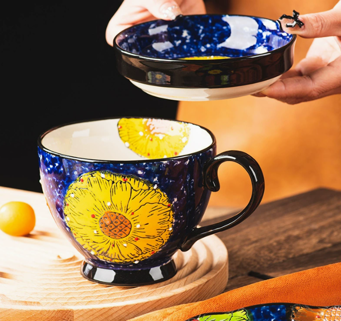 Large Floral Ceramic Mug with Hand-Painted Art for Coffee & Tea
