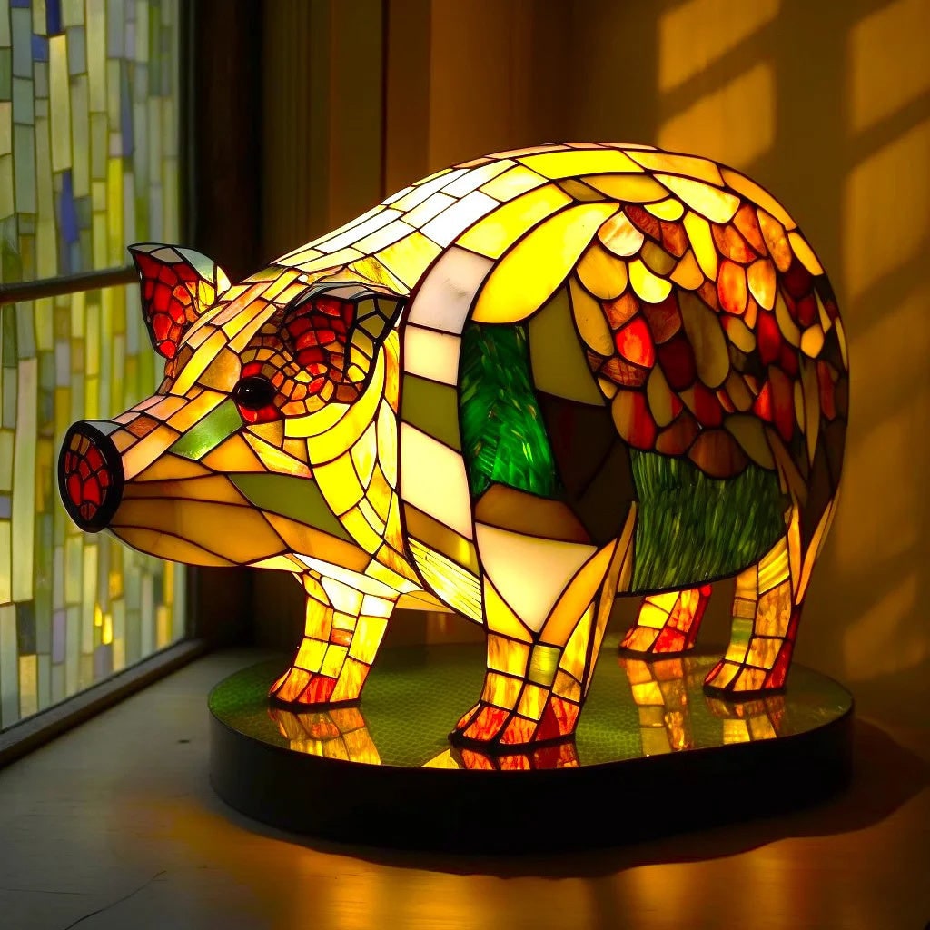 Animal Glass Table Lamp with Stained Style Mosaic Design and Warm LED Light