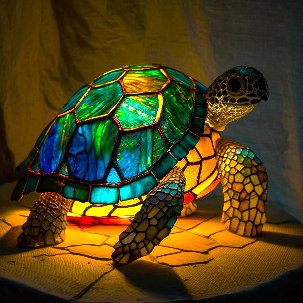 Animal Glass Table Lamp with Stained Style Mosaic Design and Warm LED Light