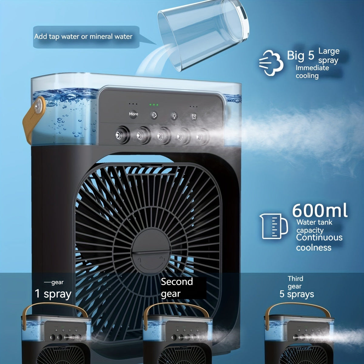 1pc Portable Air Conditioner, Household Small Air Cooler, Portable Air Adjustment For Office, 3 Speed Air Cooling Fan Humidifier, 5pcs Humidified Spray Heads For Home Appliances | zavevo