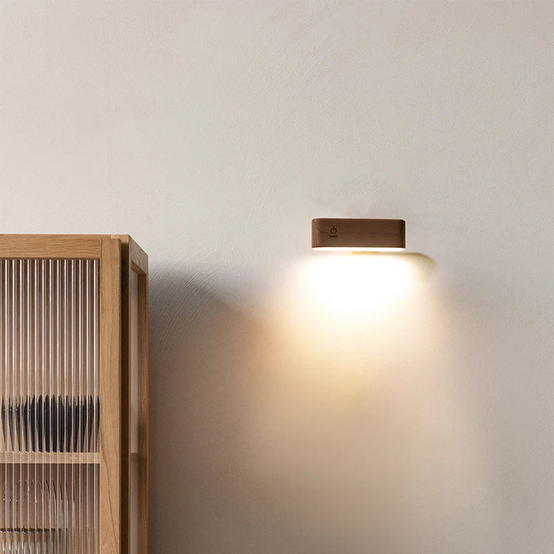 Solid Walnut/Elm Magnetic Wall Lamp with 360° Rotation & Rechargeable Battery