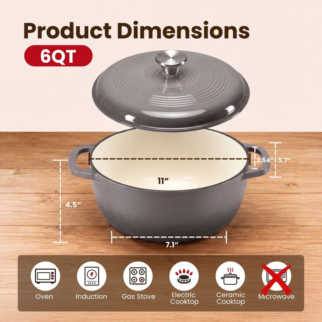 Cast Iron Dutch Oven Pot for Bread Baking and Braising with Dual Handles 6 Quart 5