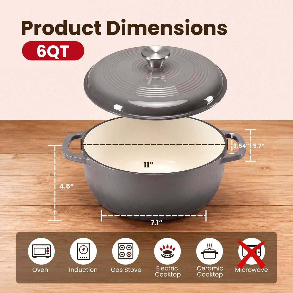 Cast Iron Dutch Oven Pot for Bread Baking and Braising with Dual Handles 6 Quart 5