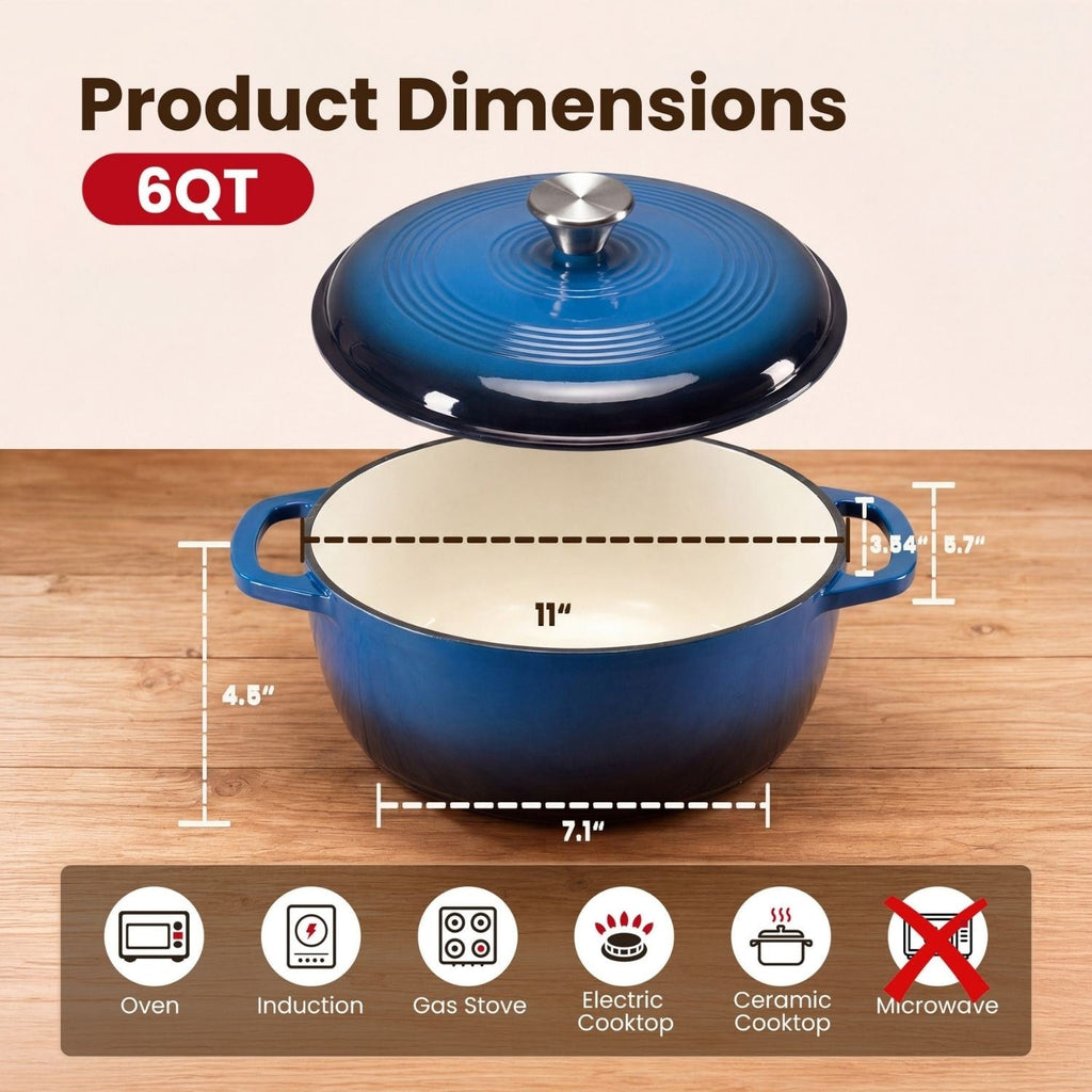 Cast Iron Dutch Oven Pot for Bread Baking and Braising with Dual Handles 6 Quart 5