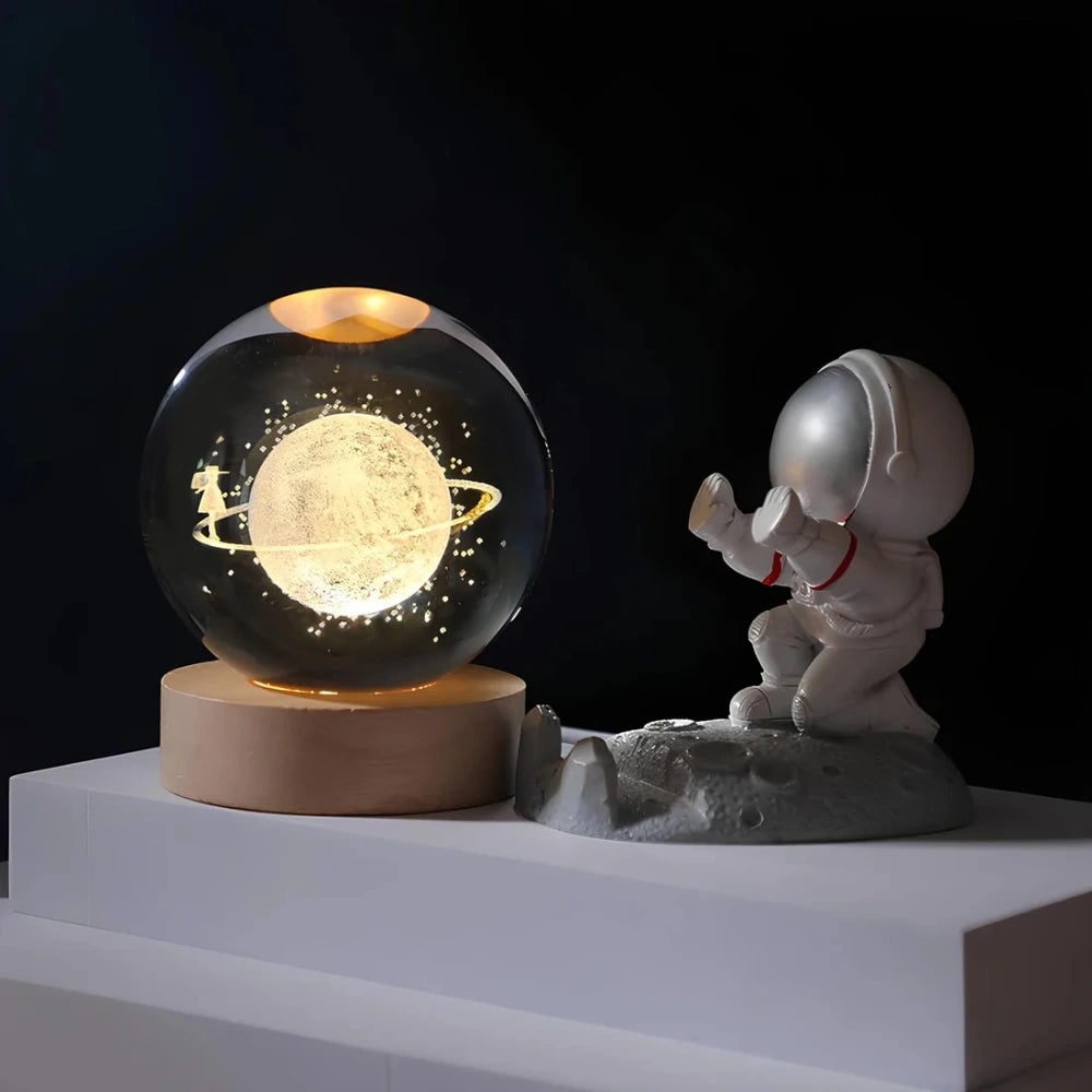 Crystal Lamp Ball Night Light 3D Laser Engraved Glass Wooden Base USB LED Decorative