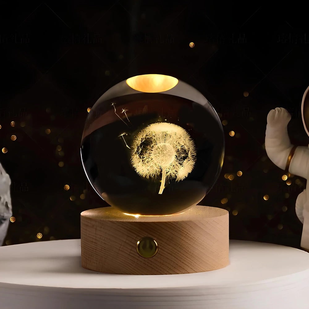 Crystal Lamp Ball Night Light 3D Laser Engraved Glass Wooden Base USB LED Decorative