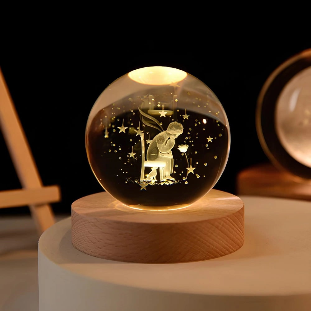 Crystal Lamp Ball Night Light 3D Laser Engraved Glass Wooden Base USB LED Decorative