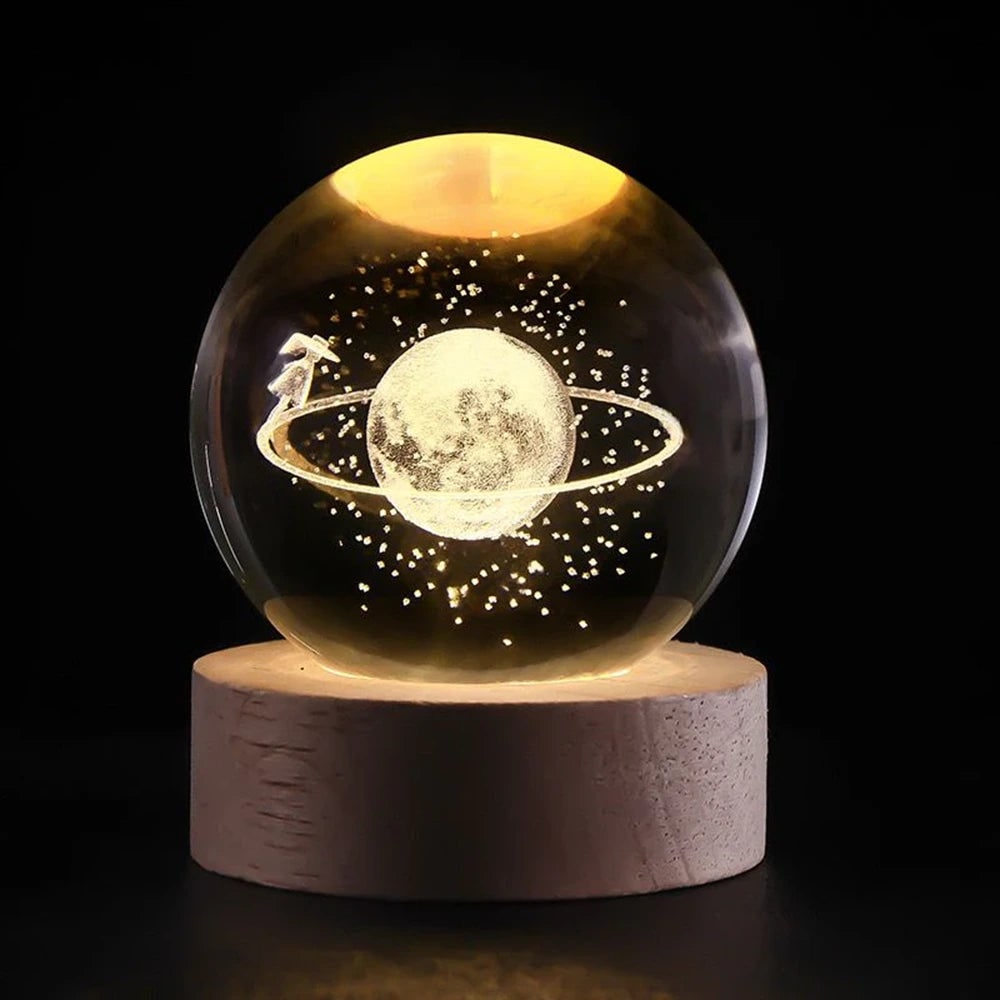 Crystal Lamp Ball Night Light 3D Laser Engraved Glass Wooden Base USB LED Decorative