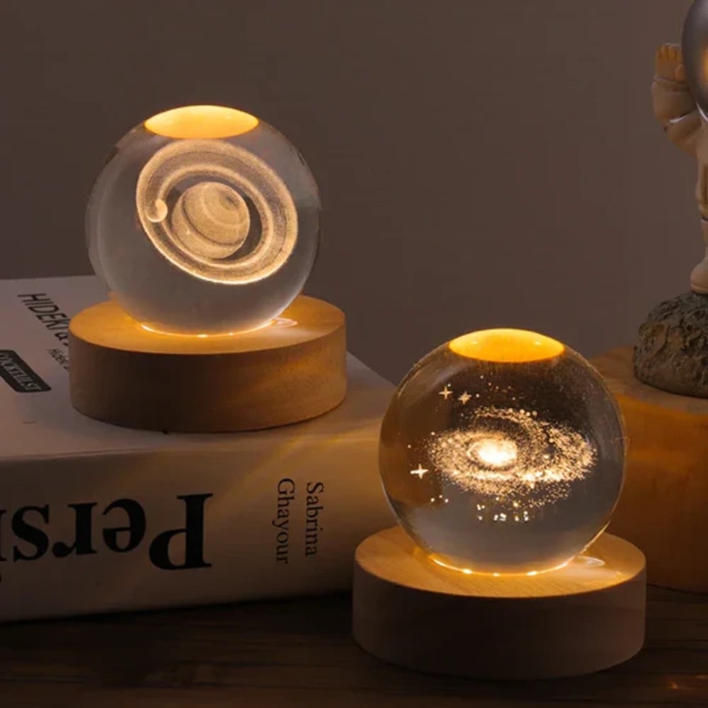 Crystal Lamp Ball Night Light 3D Laser Engraved Glass Wooden Base USB LED Decorative
