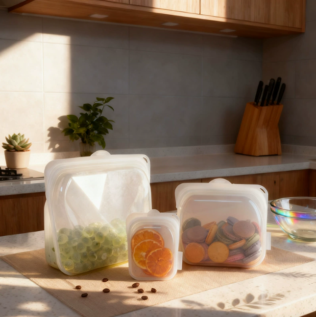 Food-Grade Silicone Storage Bags, Leak-Proof Reusable Food Bags