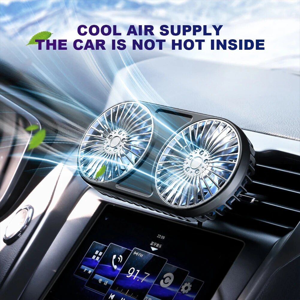 360° Rotating Dual-Head USB Car Fan with Ambient Lighting | zavevo