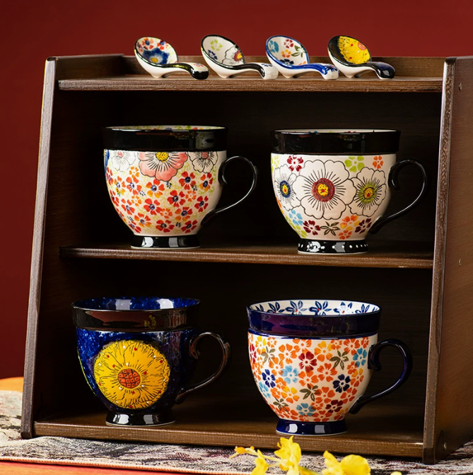 Large Floral Ceramic Mug with Hand-Painted Art for Coffee & Tea