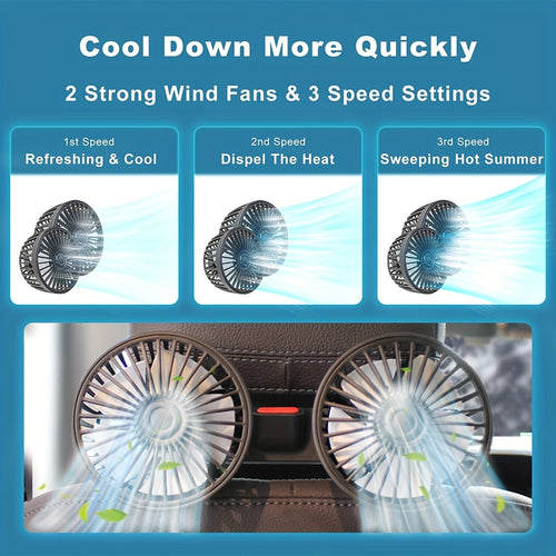 1 Pc Car Fan, Car Small Air Conditioner, Double-headed Rear Fan, Strong Wind, 360 Degrees Rotation, Large Air Volume, Subwoofer Operation, Base Fixed Clip Mounting Method, Suitable For Car Home | zavevo