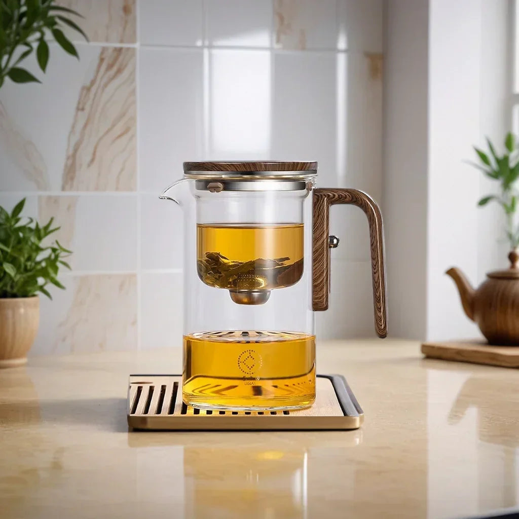 zavevo - Elegant Glass Teapot with Wooden Handle & Built-In Strainer