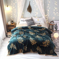 Fleece Throw Blanket with Faux Fur and Soft Plush Flannel Botanical Leaf Pattern Sofa